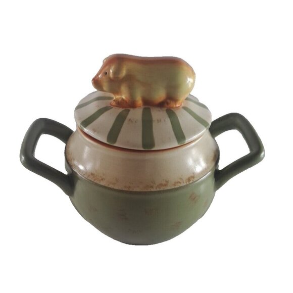 Nikko Pig Canister Jar Sugar Bowl 2 Handle Country Market Collection Green - Picture 1 of 7
